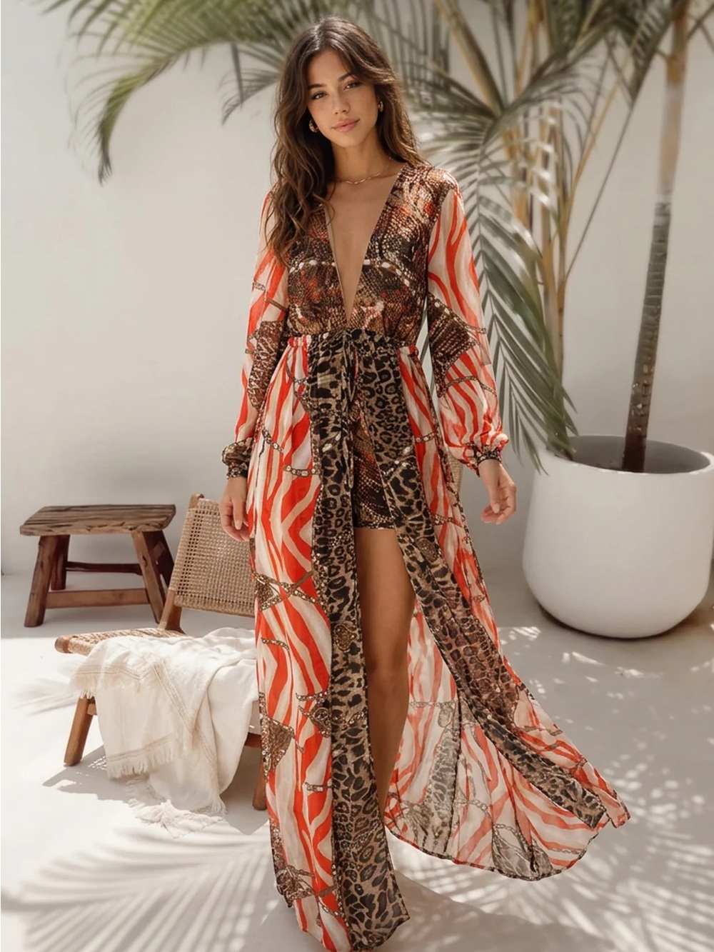Flowy Orange & Brown Animal Print Maxi Cover-Up